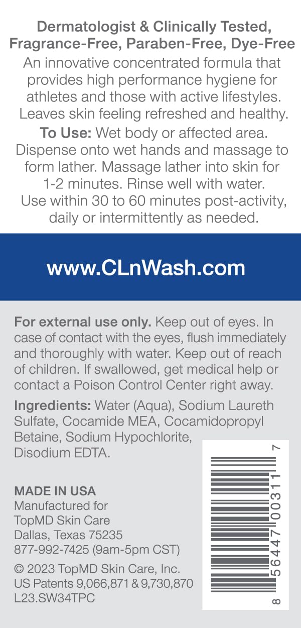 CLn® SportWash – High-Performance Sport Body Wash, For Men & Women Prone to Body Odor, Foot Odor, Ringworm, Folliculitis, & Back Acne, Fragrance-Free & Paraben-Free, 3.4 fl. oz.