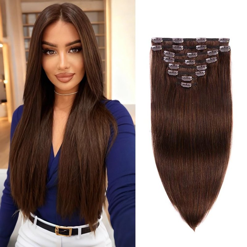 Clip in Extensions 14 Inch 100g Real Human Hair Clips for Women 8 Pieces Remy Hair Extensions Clip Ins Medium Brown