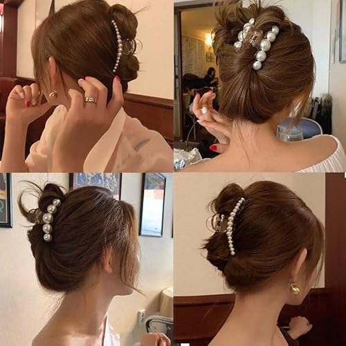 Hair Clips for Women,Large Pearl Hair Claw Clip Strong Hold No Slip,Banana Jaw Clip Barrettes,Elegant Hair Barrette Accessories Birthday Thanksgiving Christmas Gift for Girl Styling Thick Thin(4 PCS)