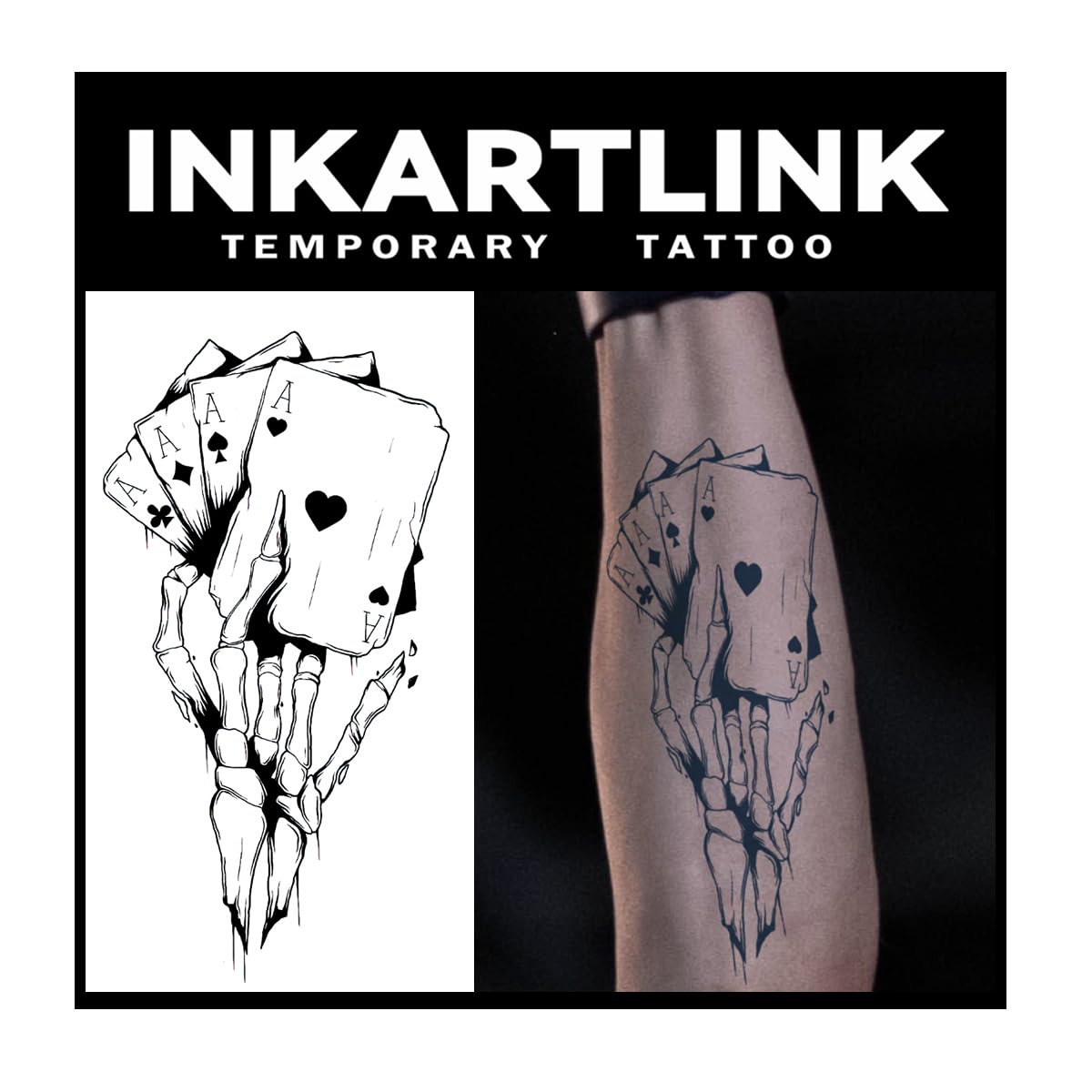 INKARTLINK Tattoo Tech, 2 Sheets Large Semi Permanent Tattoo, Adult Art Design Temporary Tattoos, Lasts 1-2 Weeks, Waterproof, Realistic Look, No Adhesive, No Reflection (Skeleton Poker Design)