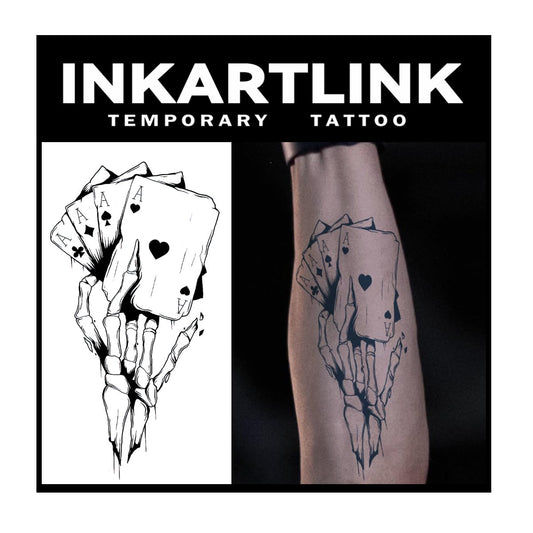 INKARTLINK Tattoo Tech, 2 Sheets Large Semi Permanent Tattoo, Adult Art Design Temporary Tattoos, Lasts 1-2 Weeks, Waterproof, Realistic Look, No Adhesive, No Reflection (Skeleton Poker Design)