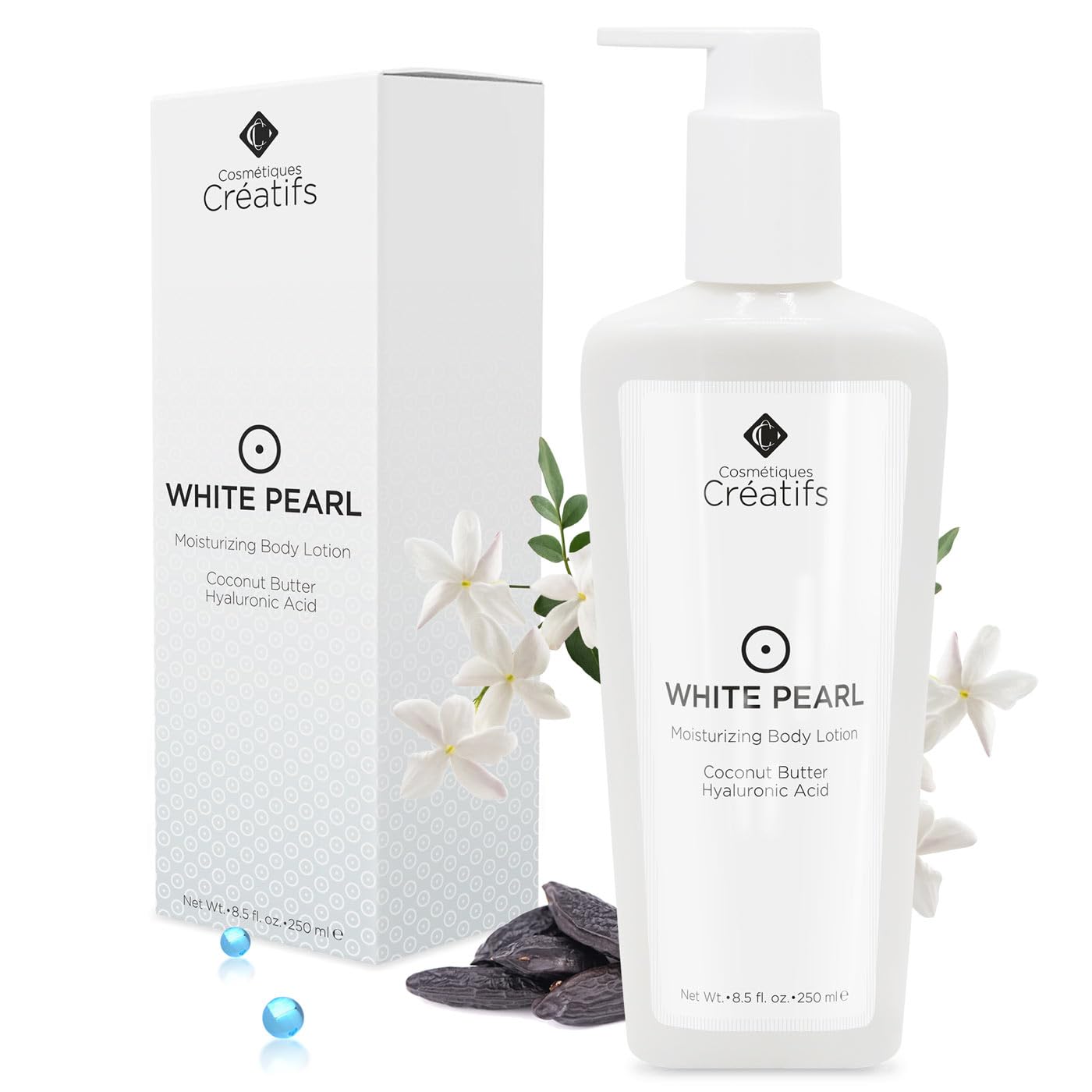 Cosmétiques Créatifs White Pearl Moisturizing Shimmering Body Lotion with Coconut Butter and Hyaluronic Acid, 8.5 fl. oz.
