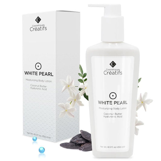 Cosmétiques Créatifs White Pearl Moisturizing Shimmering Body Lotion with Coconut Butter and Hyaluronic Acid, 8.5 fl. oz.