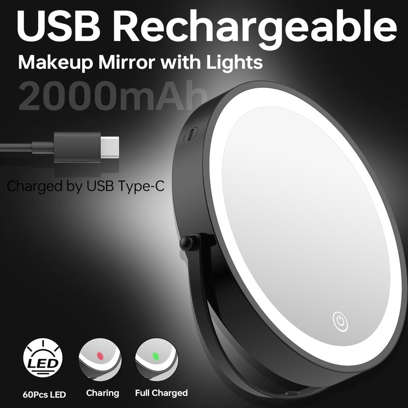 LANSI Wall Mounted Makeup Mirror with Lights, 8" Bathroom Vanity Magnifying Mirror Wall Mount with 1X/10X Magnification and Extendable Arm,Black