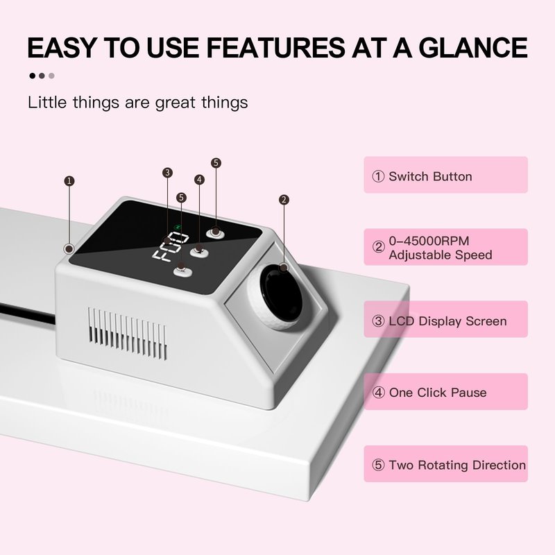MIRAGE LAYON 45000RPM Professional Nail Drill Kit for Home & Salon - Electric Nail File with LCD Display, 6 Drill Bits, Low Noise Design - Portable Manicure Tool for Gel, Acrylic, Pedicure (White)
