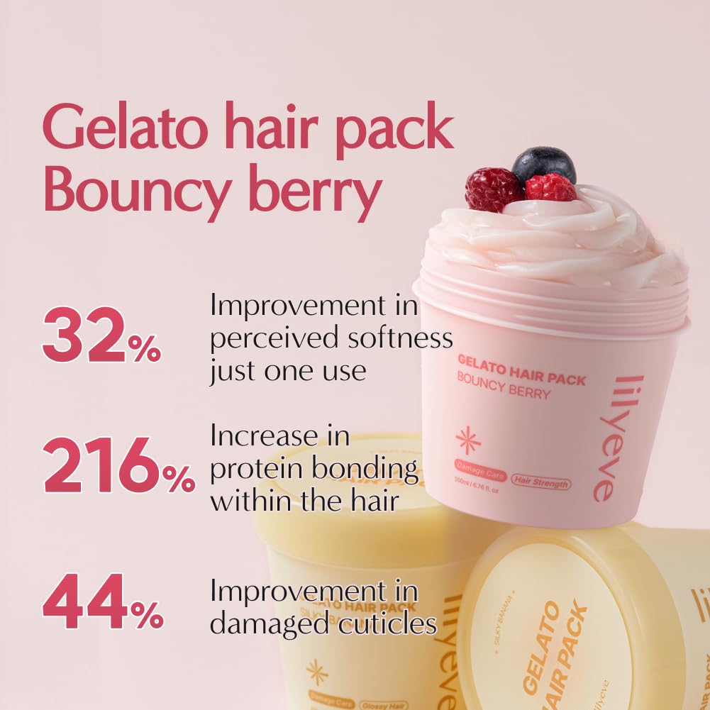 lilyeve REPAIRTURN Gelato Hair Pack, Milk, Egg & Protein for Hair Repair, Hair Mask for Split End Smoothing, Damaged Hair Treatment, Boost Hair Elasticity - Korean Hair Care, Bouncy Berry 6.76 fl.oz