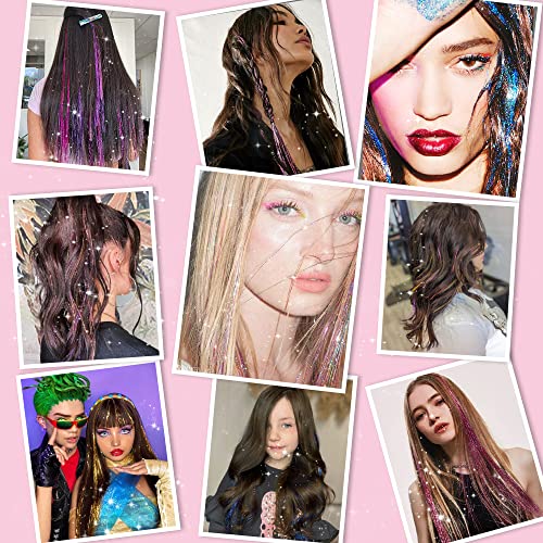 Gold Hair Tinsel Pack of 12 Pcs Clip in Hair Tinsel 20 Inch Glitter Tinsel Hair Extensions, Festival Tinsel Fairy Hair Extension Party Dazzle Hair Accessories Strands Kit (12Pcs,Gold#)