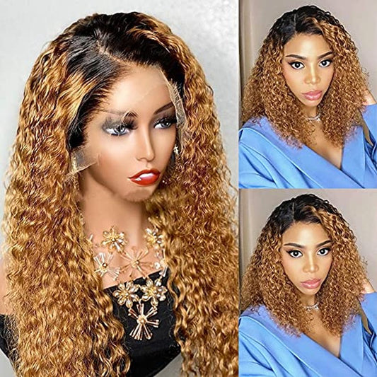 Derun Ombre Curly 13¡¿4 Lace Front Wigs Human Hair Lace Frontal Wig 1B/30 Remy Hair for Black Women (16Inch, 1b/30, 13¡¿4 Lace)