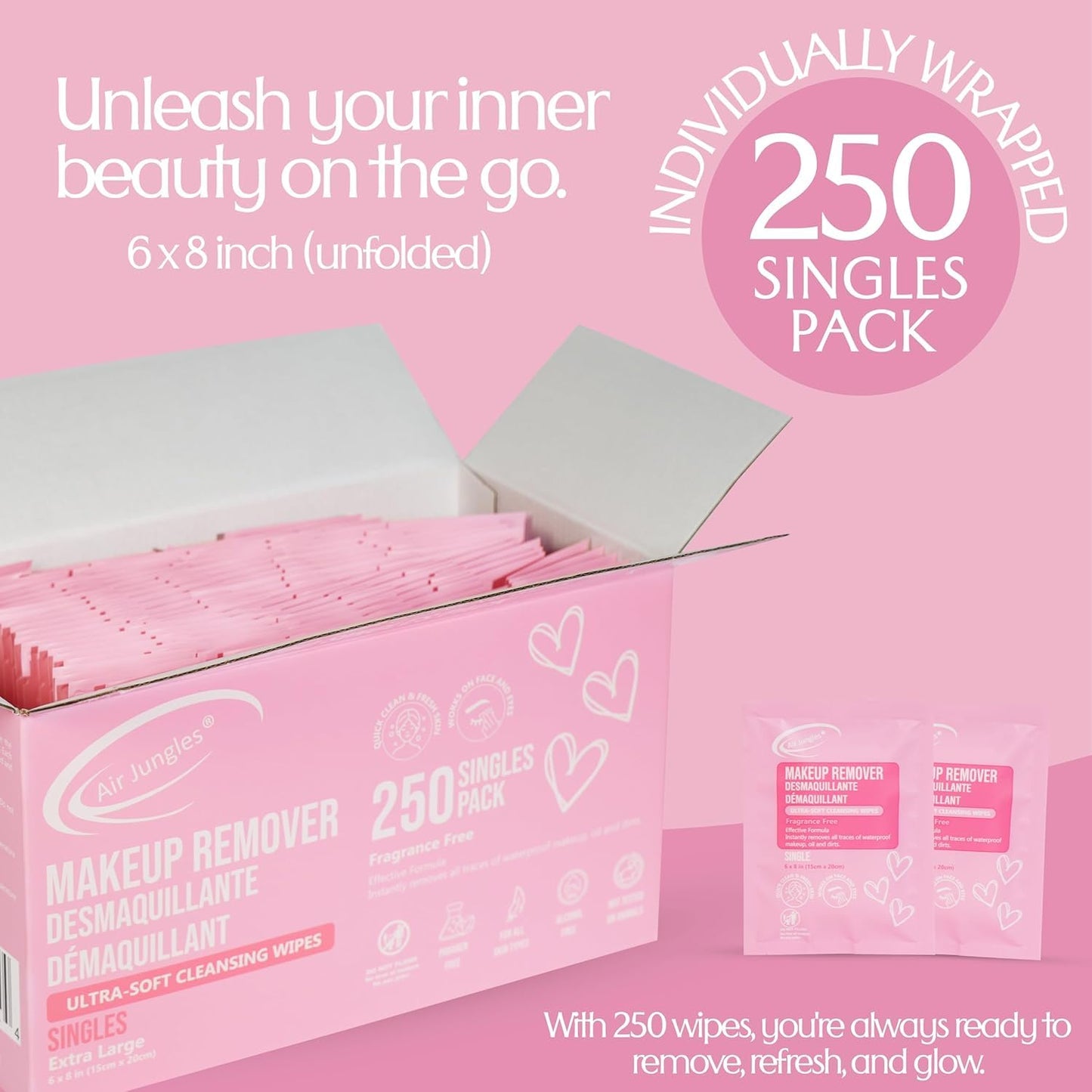 Air Jungles Bulk Makeup Remover Wipes 250 Ct, Individually Wrapped