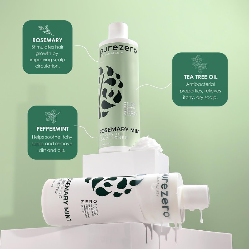 Purezero Rosemary Mint Clarifying Silicone Free Shampoo & Conditioner Set – Vegan Duo for Balanced Scalp, Build-Up Removal & Fresh Minty Finish – Sulfate-Free, Paraben-Free, Cruelty-Free, 2×12 oz
