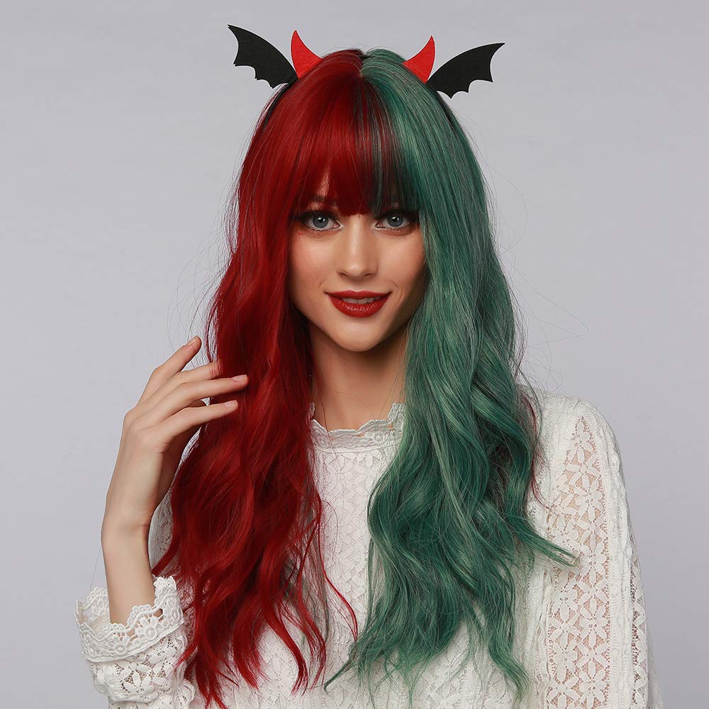 OUFEI Long Wavy Half Red Half Green Wigs with Bangs for Women Natural Synthetic Hair Heat Resistant Wig for Christmas Cosplay Party Use-22 Inches