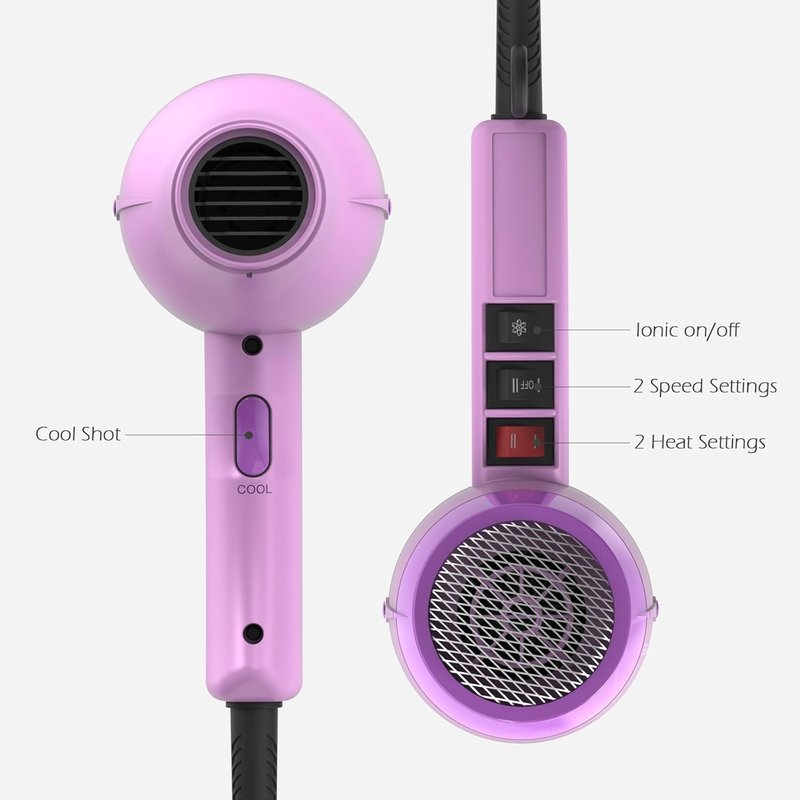 TOME Hair Dryer with Diffuser - 1875W Ionic Blow Dryer with Comb & Concentrator | Fast Drying, 2 Heat & 2 Speed Settings, Purple
