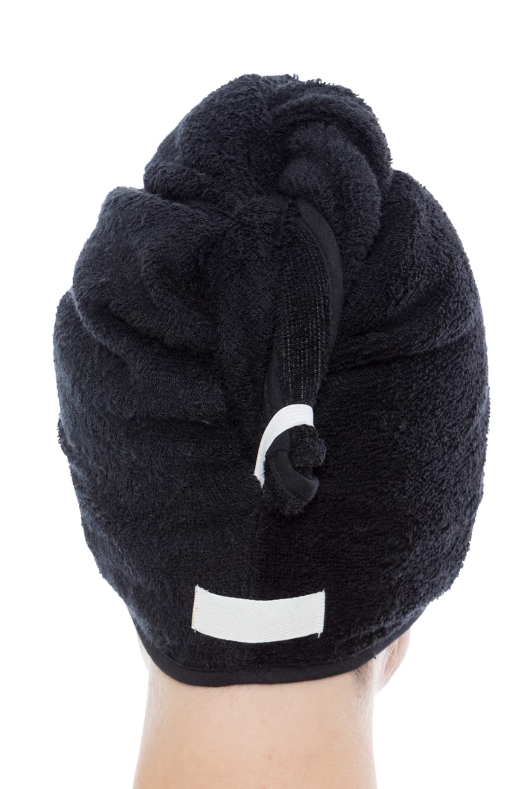 TexereSilk Women's Rayon and Cotton Terry Hair Towel - Lightweight, Absorbent Quick Drying Hair Wrap - Twist Towel with Elastic Loop Holder (Tya, Black, U)