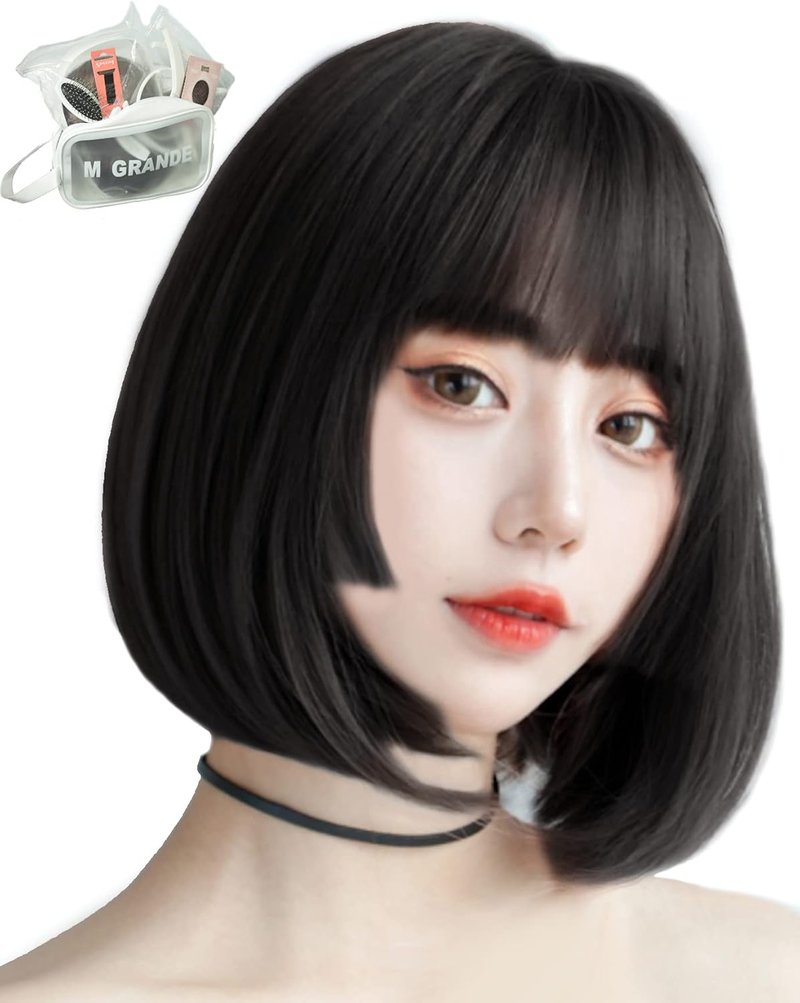 MGRANDE Premium Women's Hime Bob Wig - Semi-Long Black Style for Small Face | 6-Item Set