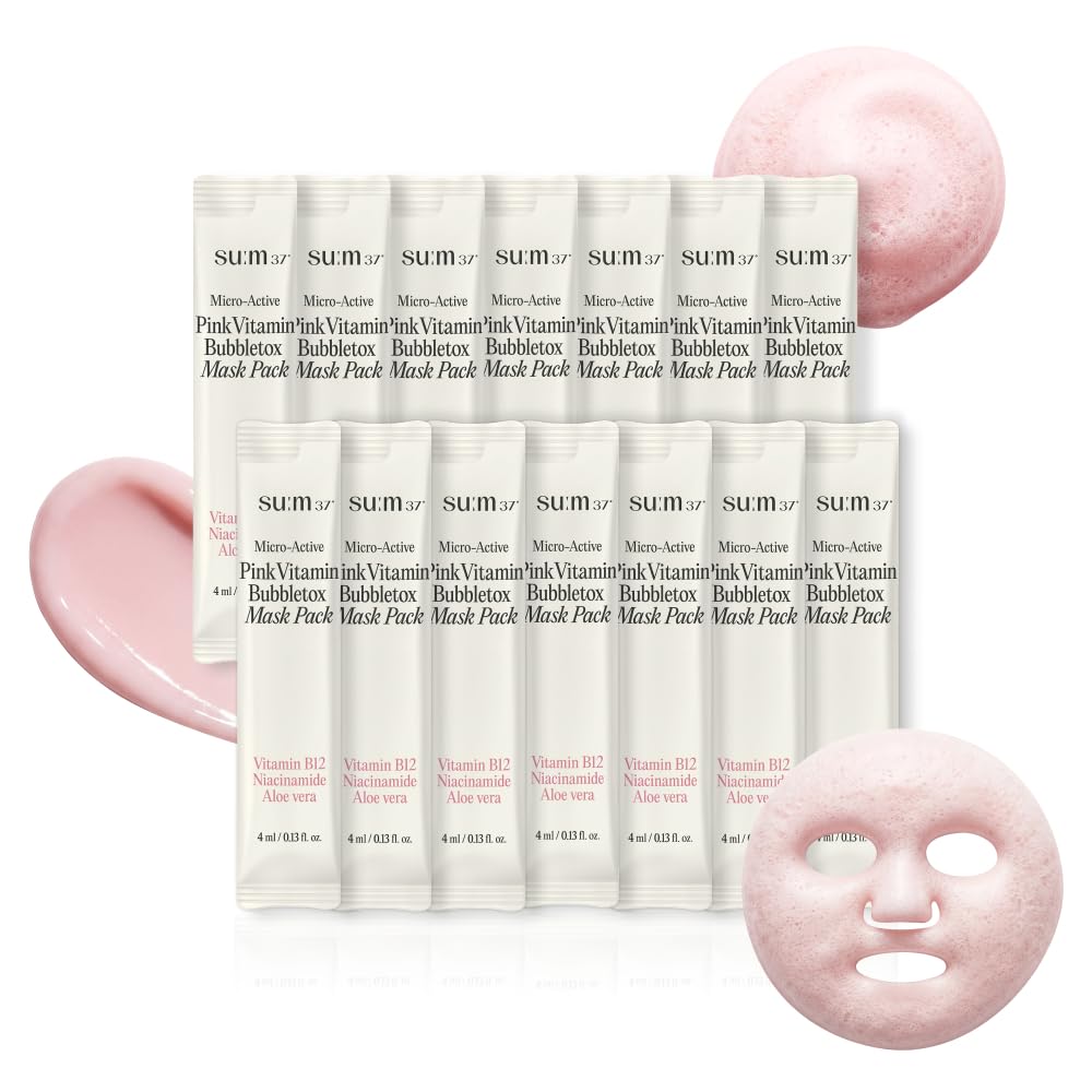 SU:M Micro-Active Pink Vitamin Bubbletox Mask Pack (14-Count) - Foaming Bubble Mask & Deep Pore Cleanser for Hydration with Fermented Pink Vitamin 12 - Korean Skin Care