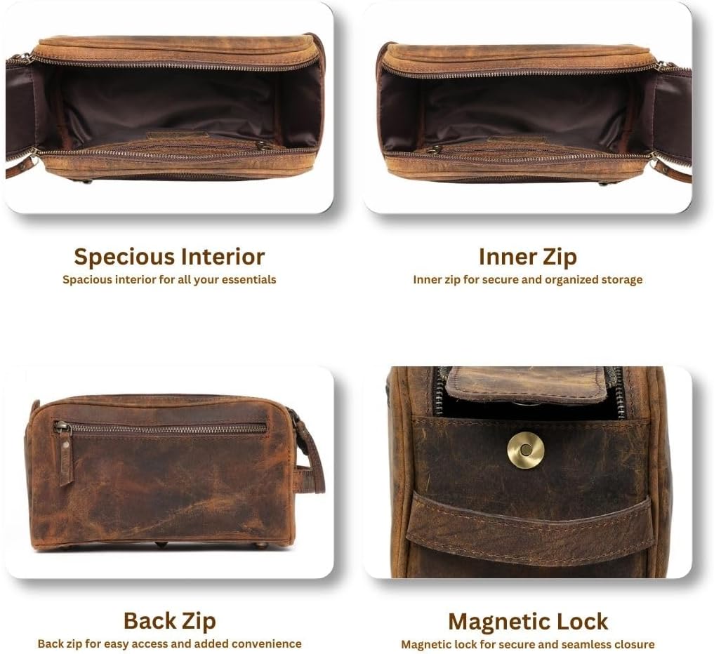 Toiletry Bag for Men - Genuine Leather Dopp Kit | Large Travel Organizer for Grooming Essentials in Distressed Brown