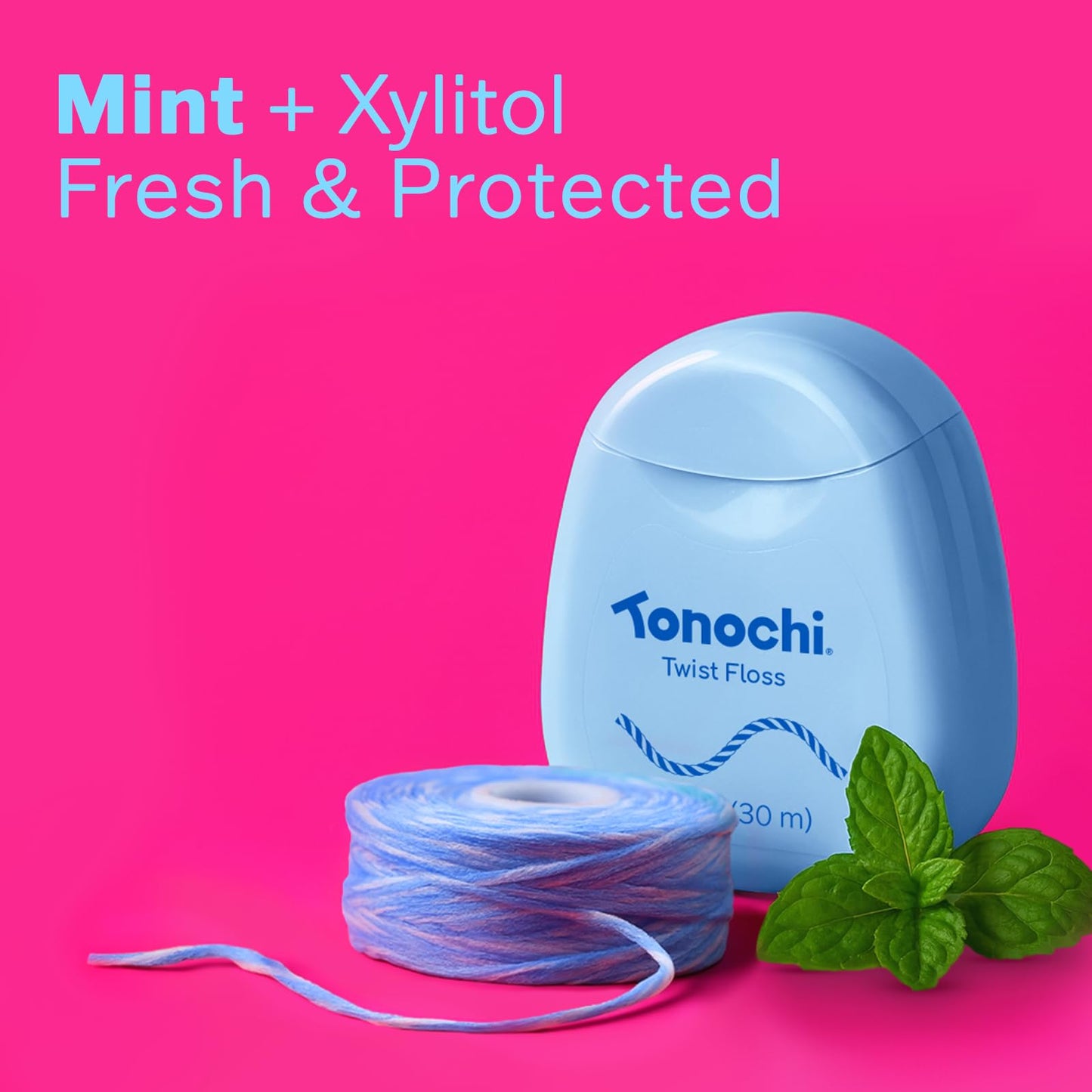Tonochi Twist Deep Clean Woven Dental Floss for Plaque Removal, Shred-Resistant, PFAS Free, Beeswax Coated, Mint + Xylitol, 3-Pack (33 yd Each)