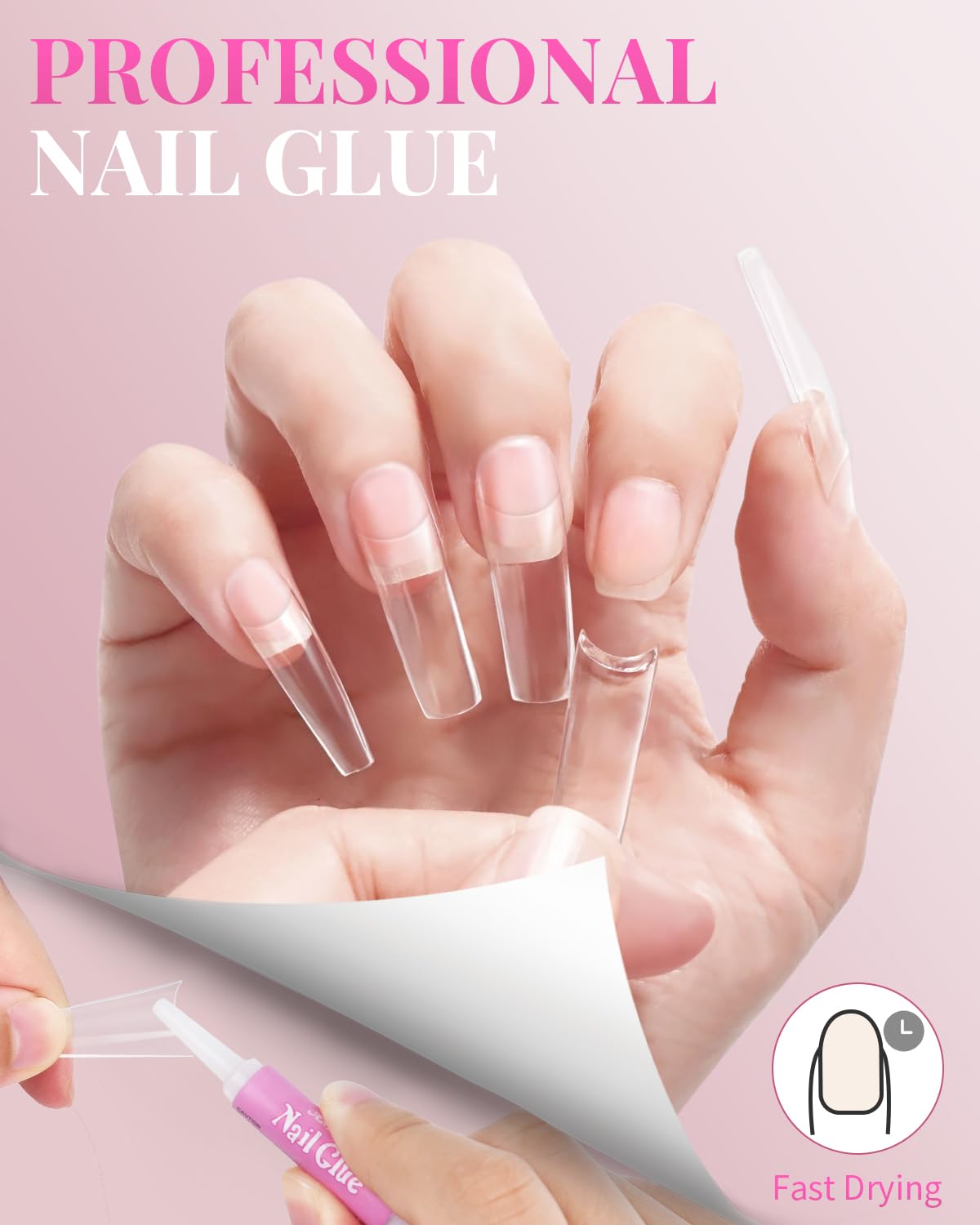 MORGLES Clear Acrylic Nail Tips, 500 Pcs Nail Tips Square Half Cover with Glue, Clipper, Files and Cuticle Fork for Salons and Home DIY