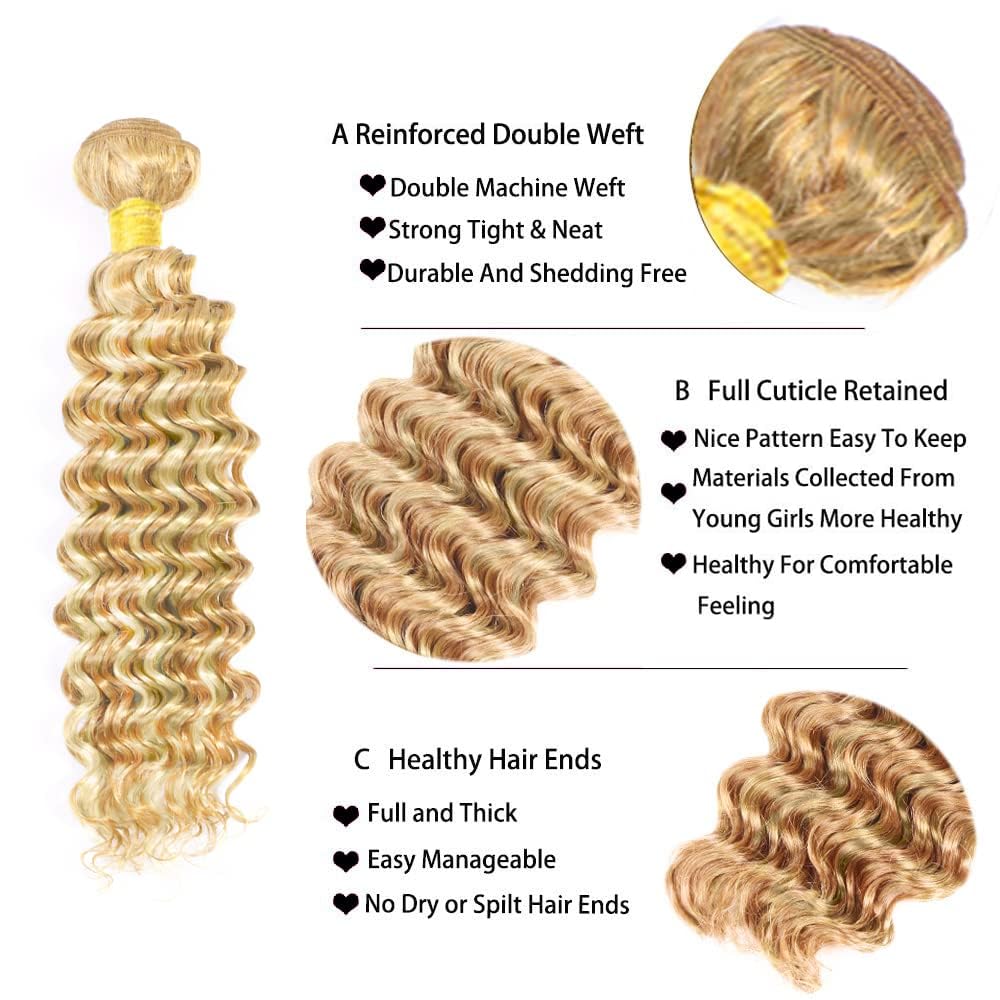 MLMYBAYEA P27/613 Human Hair Bundles Blonde Deep Wave Bundles 08 10 12 Inch Blonde Highlight Deep Wave Extensions Unproceesed Brazilian Virgin Hair For Women
