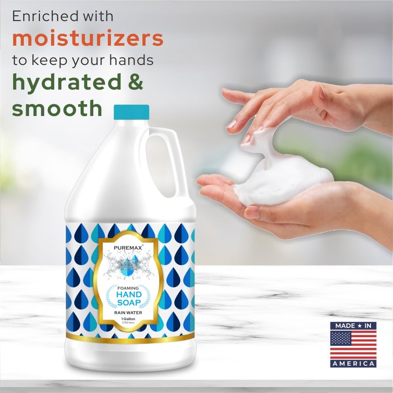 Puremax Foaming Hand Soap Refills with Essential Oils | Rain Drops | Gentle, Moisturizing | Biodegradable Formula | Made in USA | 128 Fl Oz (1 Gallon)