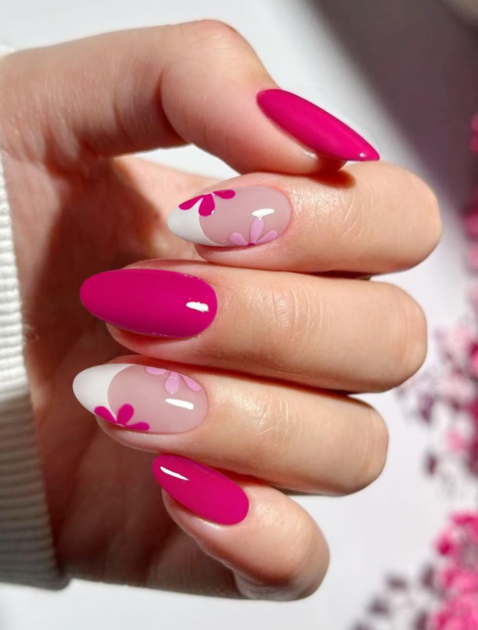 JMEOWIO Gel Nail Stickers Pink Flower French Tip Semi Cured Gel Nail Strips Wraps UV/LED Nails Art Design Decoration Accessories