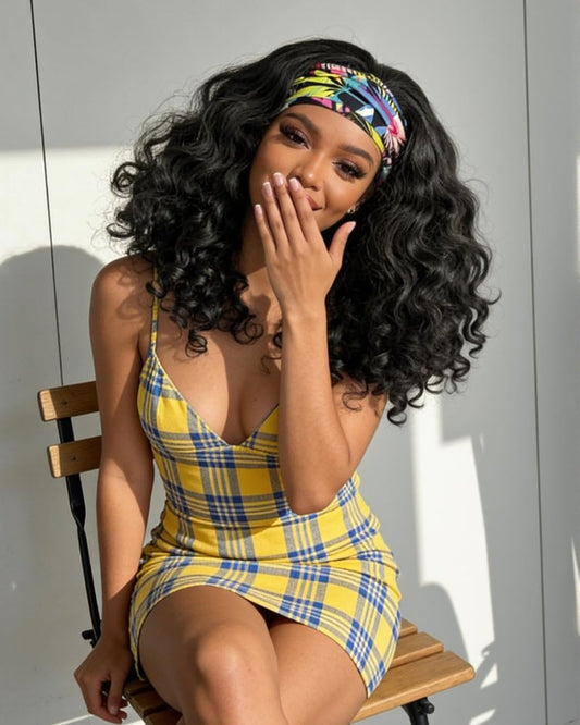 Emistar YAKI Body Wave Headband Wig Loose Curly Heabdand Wigs Glueless Synthetic Hair Natural Black Wigs for Black Women None Lace Front Wigs Headband Wigs 150% Density (Short)