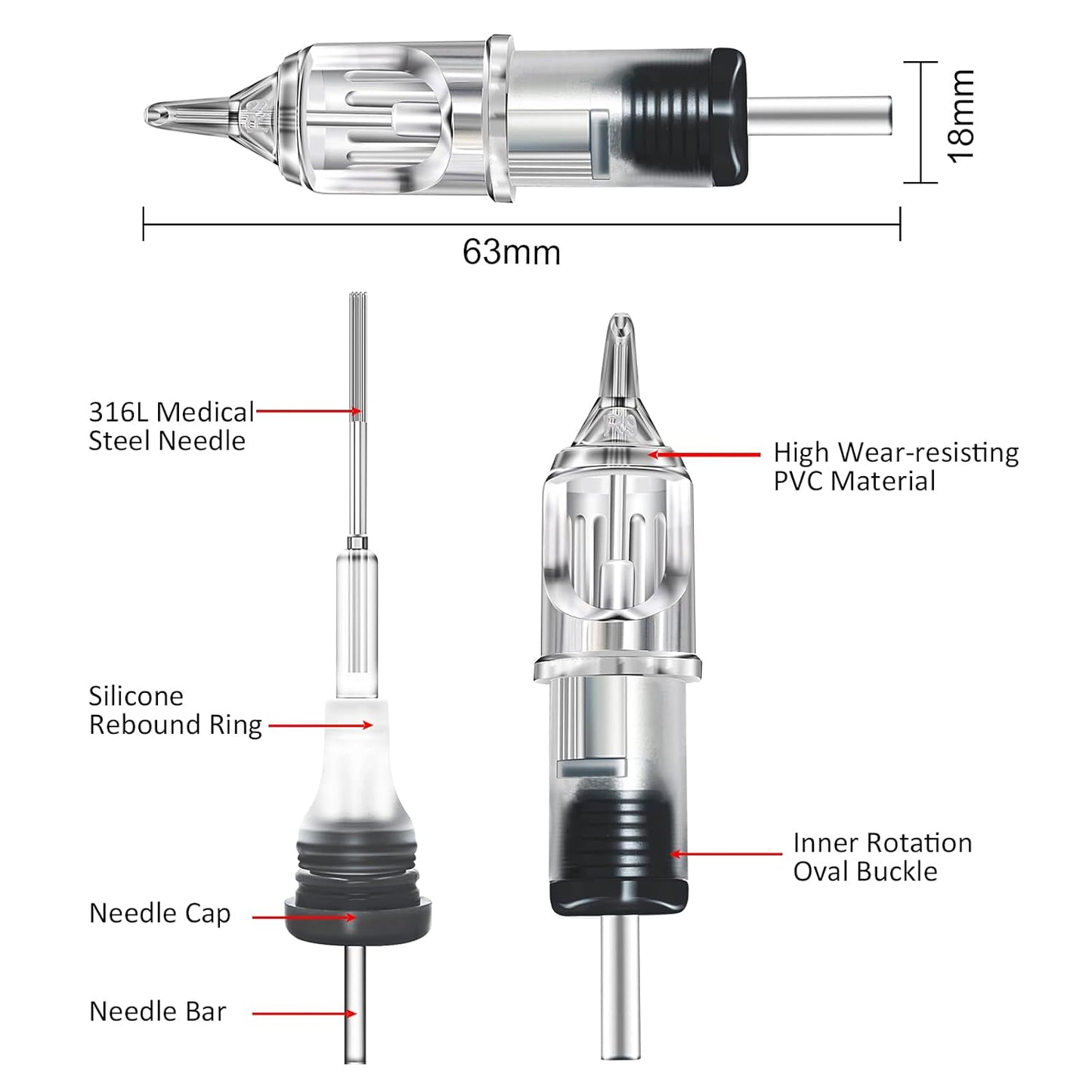 Tattoo Needles Cartridge - 100 Pcs Mixed Round Liner & Shader Needles for Tattoo Machines | 3RL, 5RL, 7RL, 9RL, 3RS, 5RS, 7RS, 9RS