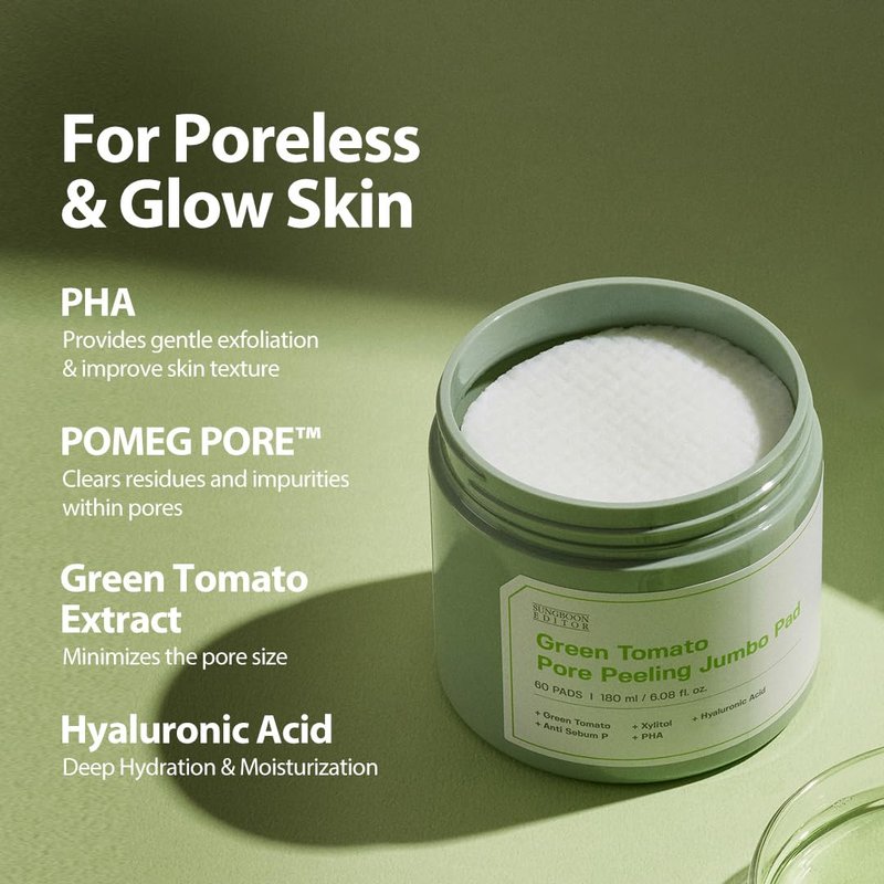 Green Tomato Pore Peeling Pads - Exfoliating PHA Toner with Hyaluronic Acid | 60 Sheets, Korean Skincare