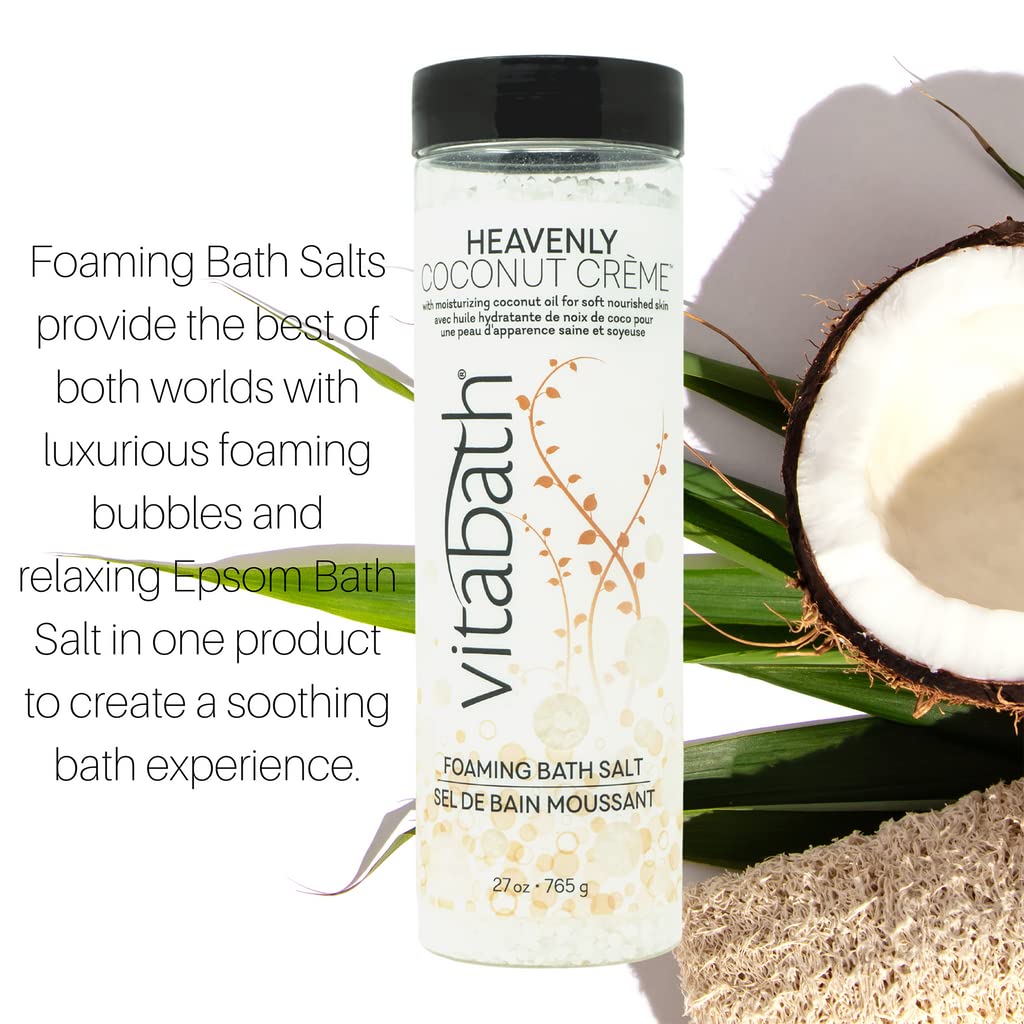 Vitabath Heavenly Coconut Crème Foaming Bath Salts Relaxing Bubble Aromatherapy Skincare - Muscle & Body Ache Soothing & Skin Nourishing Foamy Soak for Women & Men – 27 oz