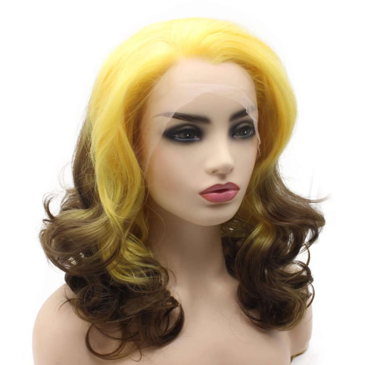 Peakia Shoulder Length Wavy Yellow Brown Ombre Half Hand Tied Lace Front Wig Synthetic