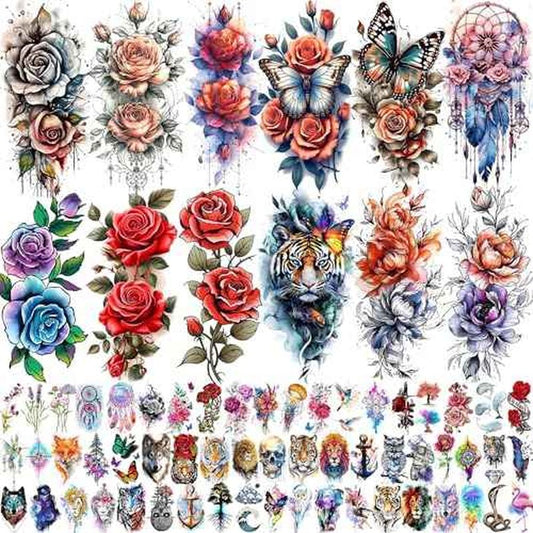 69 Sheets Watercolor 3D Rose Flowers Temporary Tattoos For Women Girls Adults, Realistic Peony Florals Fake Tattoo Stickers Dreamcatcher, Colorful Bulk Half Arm Sleeve Tattoo Butterfly Tiger