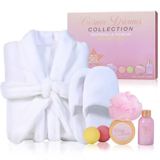 Spa Luxetique Robe and Slippers Set Women, Spa Robe for Women, 7 Pack Spa Gift Sets with Shower Gel, Body Lotion, Christmas Thanksgiven Day Birthday Gift Basket for Women with Robe White
