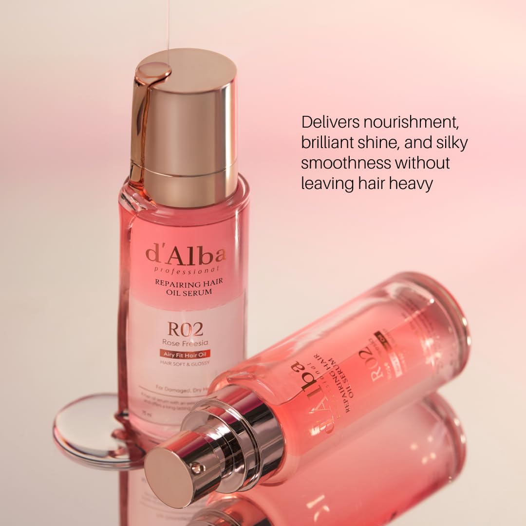 d'alba Piedmont Professional Reparing Hair Oil Serum (2.54 fl oz), Silky and Glossy Hair, Lightweight & Airy Finish, Argan Oil, Amino Acid, Protein Complex, Rose Freesia Scent