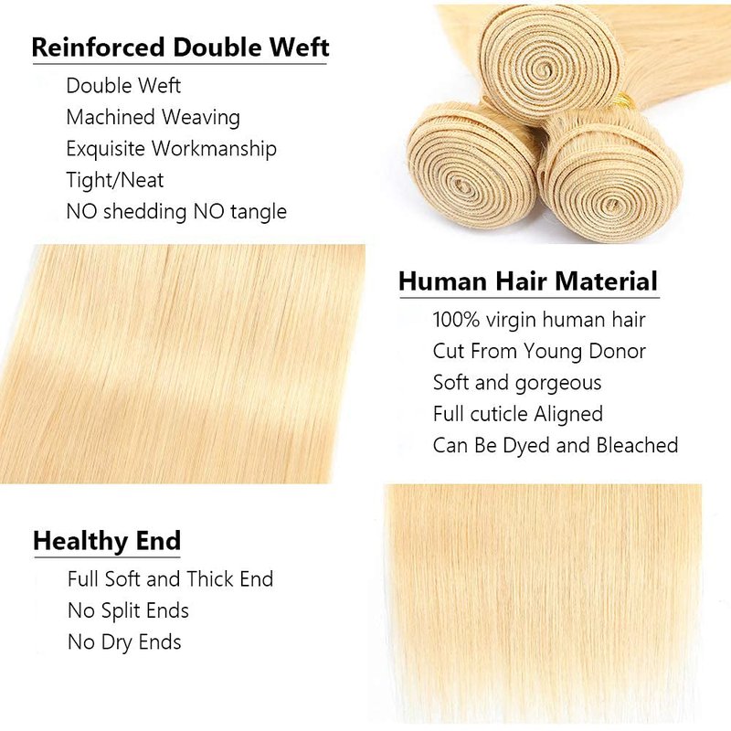 #613 Blonde Bundles Straight Bundles Human Hair 22 24 26 Inch Unprocessed Brazilian Virgin Weave Hairs Honey Blonde 3 Bundle 50 Gram Per Bundle Human Hair Extensions