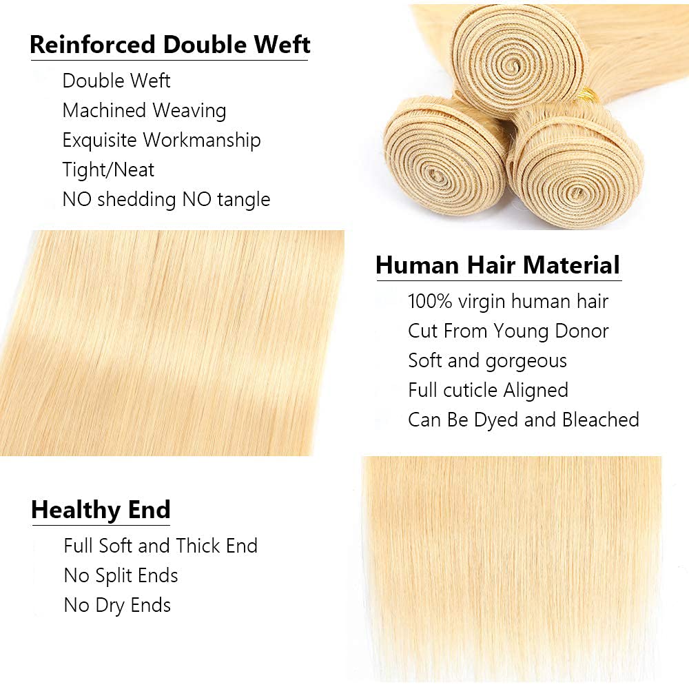 #613 Blonde Bundles Straight Bundles Human Hair 22 24 26 Inch Unprocessed Brazilian Virgin Weave Hairs Honey Blonde 3 Bundle 50 Gram Per Bundle Human Hair Extensions