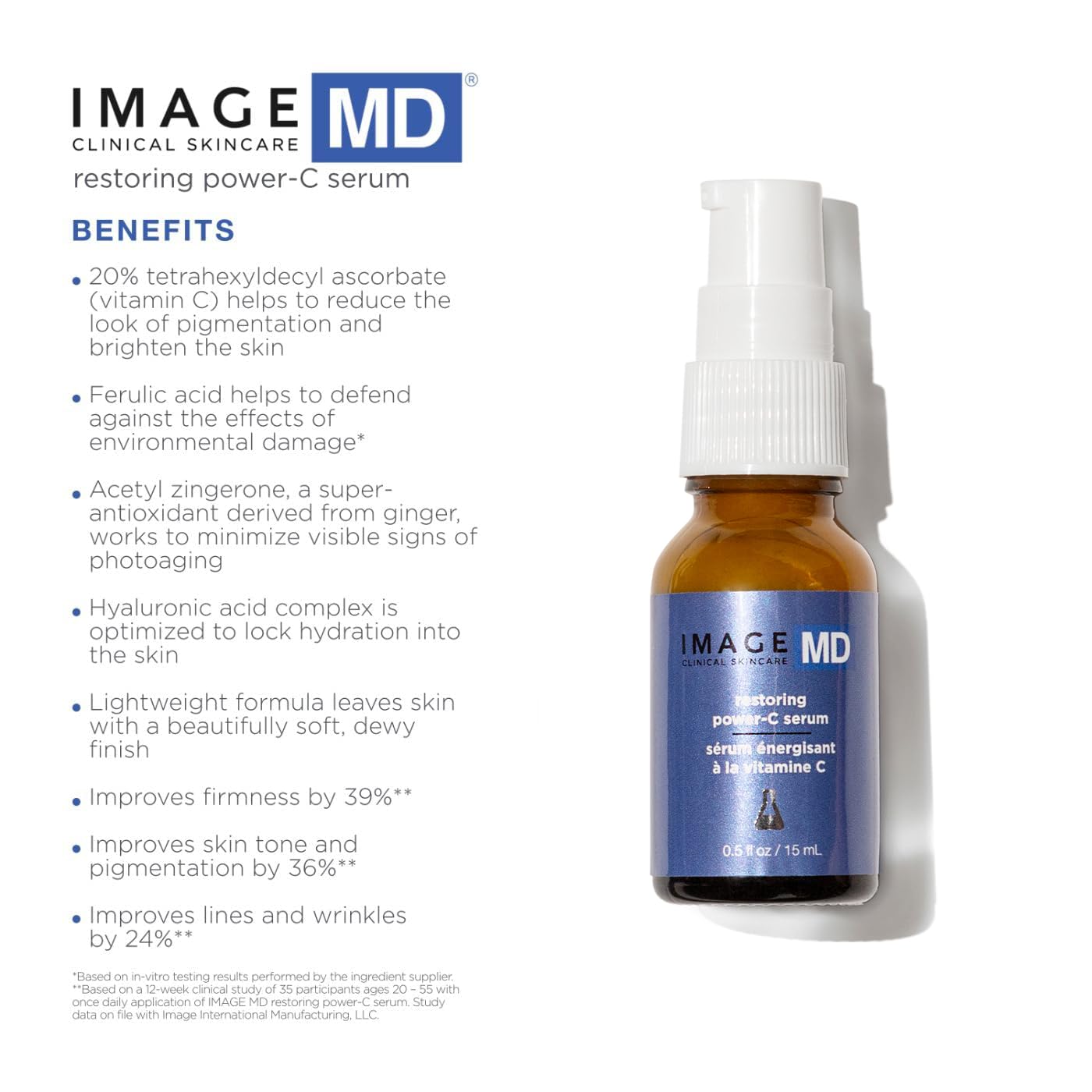 IMAGE Skincare, IMAGE MD Restoring Power-C Serum, 20% Vitamin C, Ferulic Acid Facial Serum to Reduce Pigmentation, Firm, Brighten Skin