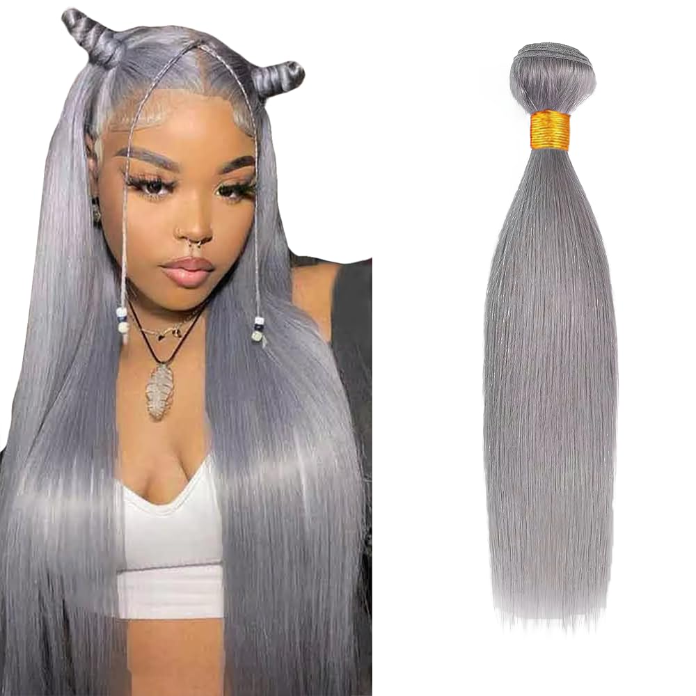 Grey Bundles Straight Bundles Human Hair 22 Inch Unprocessed Brazilian Virgin Weave Hairs Gray 1 Bundle 50 Gram Per Bundle Human Hair Extensions