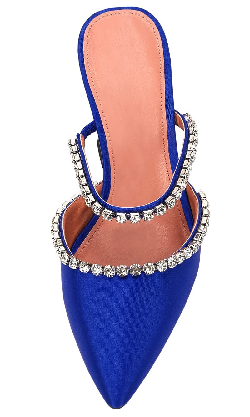 VETASTE Women's Pointed Toe Strappy Heels Crystal Satin Heeled Mules Wedding Party Shoes Blue