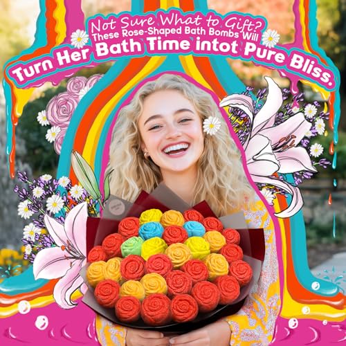 30 Rose-Shaped Bath Bombs ? Handmade with Natural Ingredients, 6 Calming Scents, Relaxing Spa Gifts for Women, Men, Teens & Kids ? Self Care Gifts for Summer & Birthdays