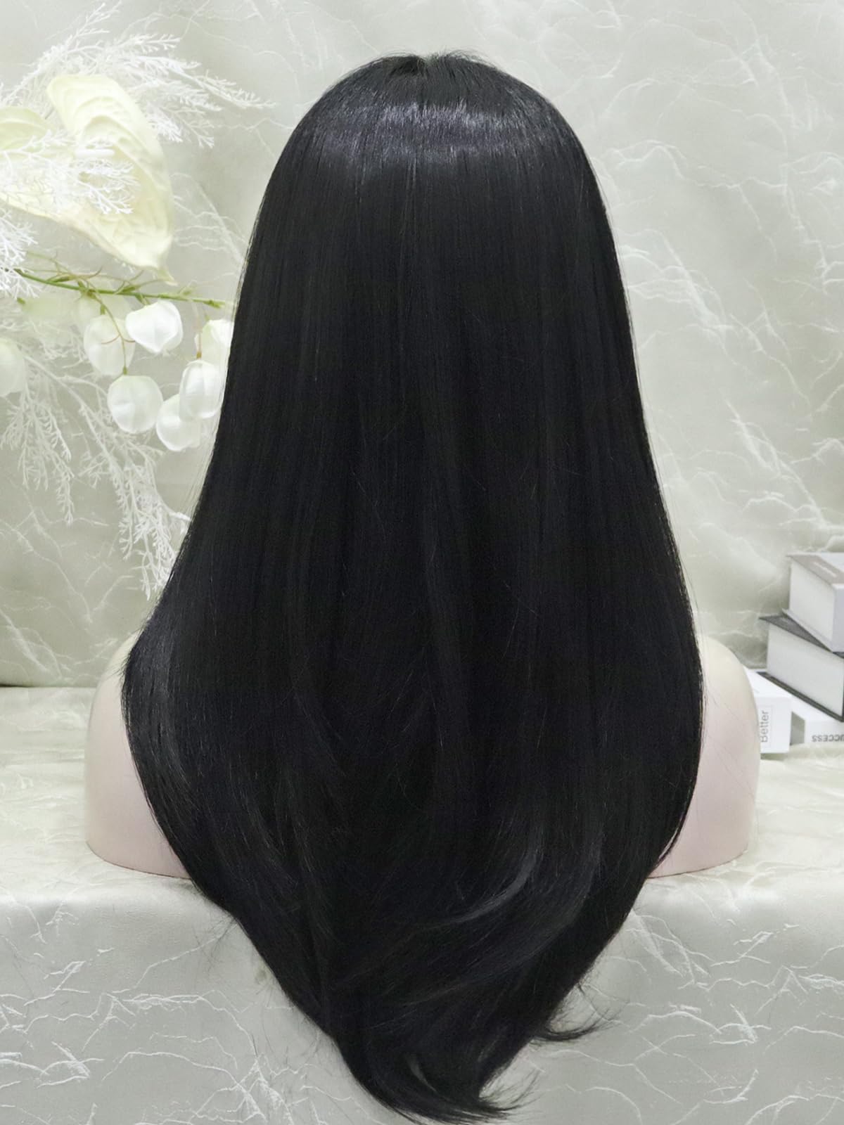 IMSTYLE Jet Black Lace Front Wig: T Part Synthetic Wig, Wolf Cut/Layer Cut Straight Hair Wig 24 Inches Wig