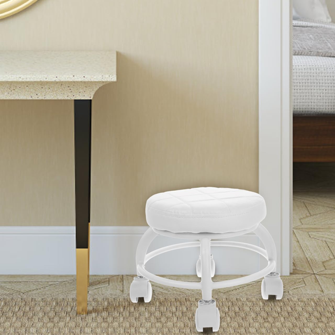 Healeved Rolling Beauty Stool with Swivel Wheels Pu Cushioned Seat Small Round Manicure Stool for Pedicure Spa Massage Salon Chair 10.24X13.39X10.24 Inches