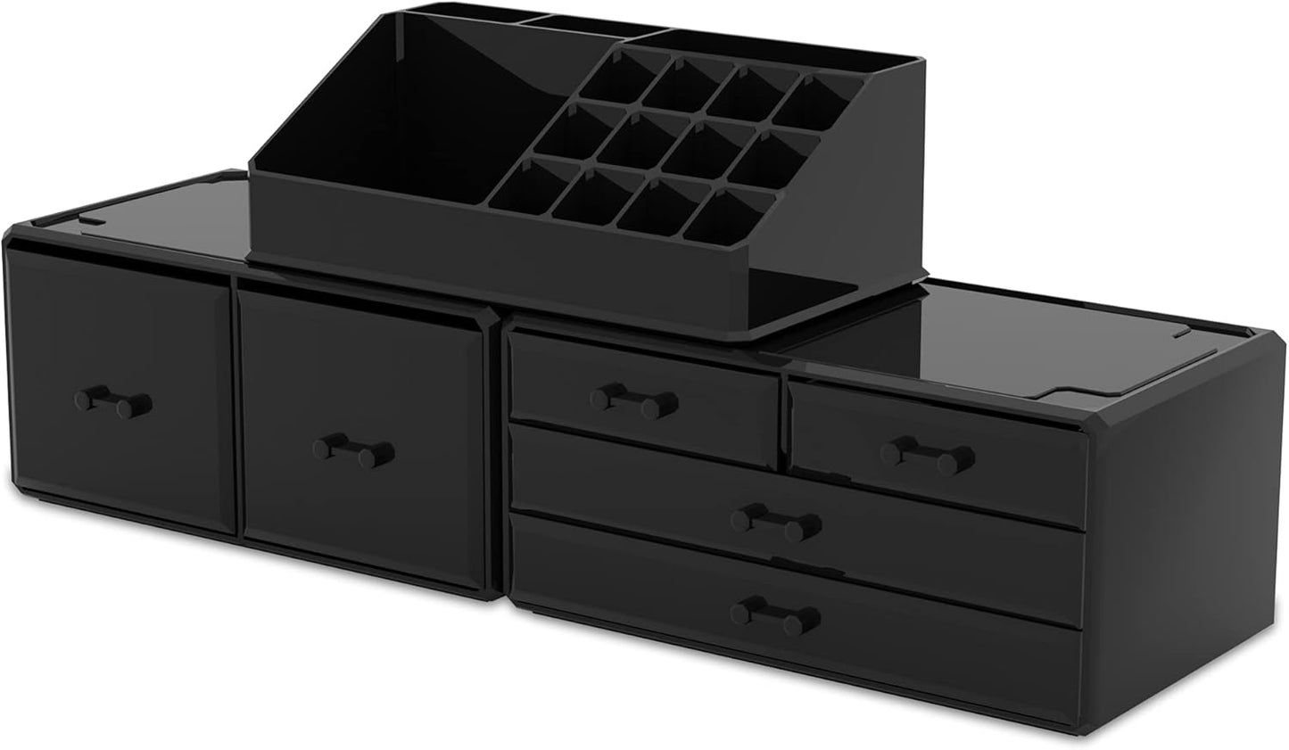 Makeup Organizer - 3-Piece Cosmetic Storage Case with 6 Drawers | Black