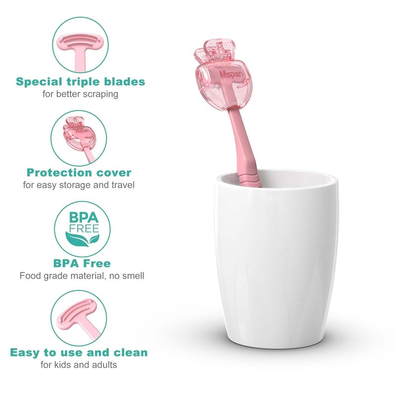 Tongue Scraper Cleaner Brush - Effective Oral Care Tool for Bad Breath | 2 Pack with Travel Case - Pink & White