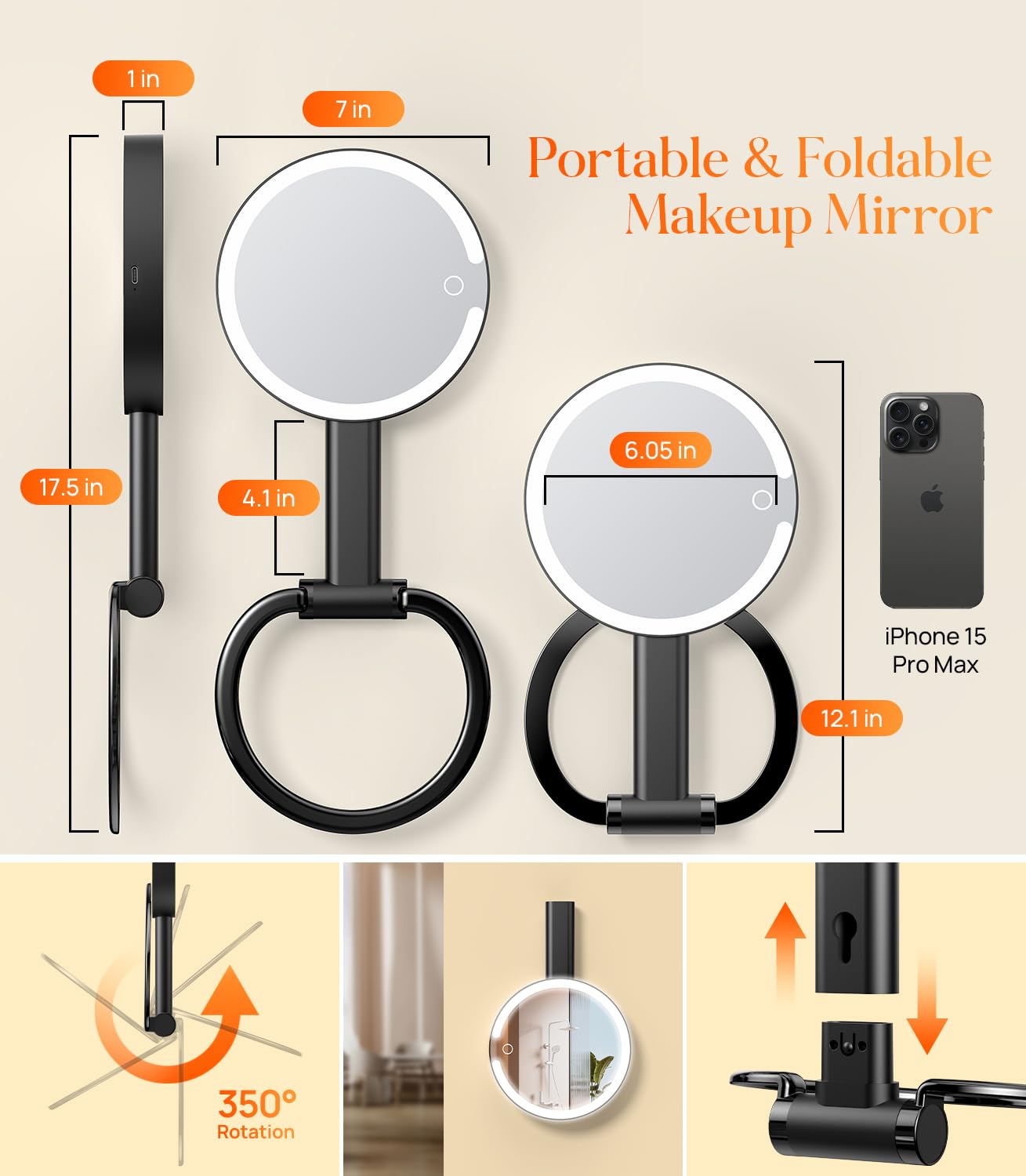 Gospire Magnifying Travel Makeup Mirror with Light 10X 1X Magnifition 2-Sided Lighted Vanity Mirror Rechargeable 3 in 1 Hand Held Desk Hanging, 3 Color Dimmable Lights, Black