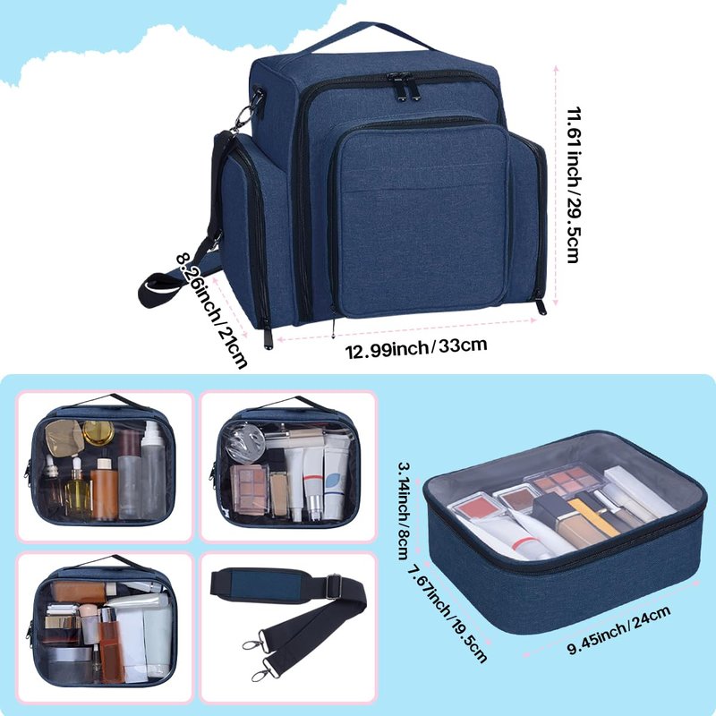 BAOMANYUHA Large Cosmetic Organizer Bag with 3 Inner Removable Pouches,Blue