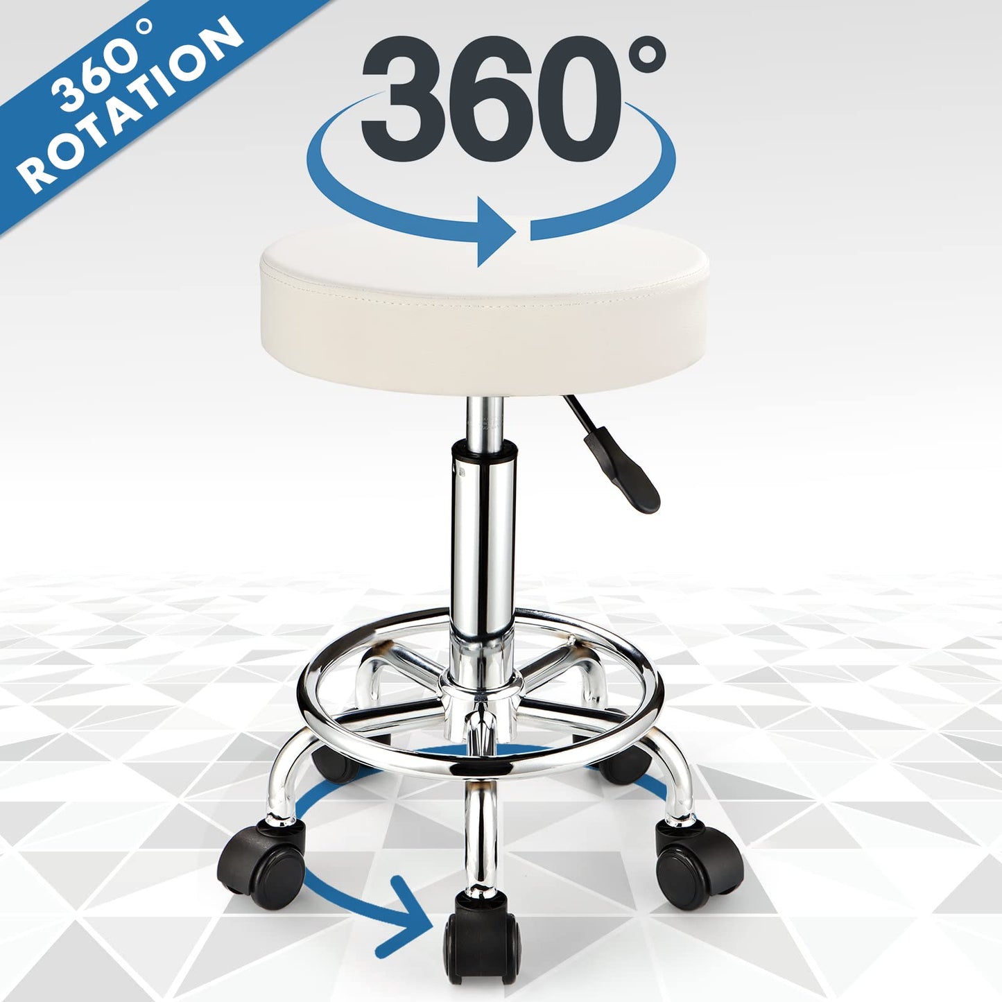 FNZIR Adjustable Stool with Wheels, Modern Round Rolling Stool for Spa Salon Massage Office, White PU Leather Seat, 250 lbs Capacity