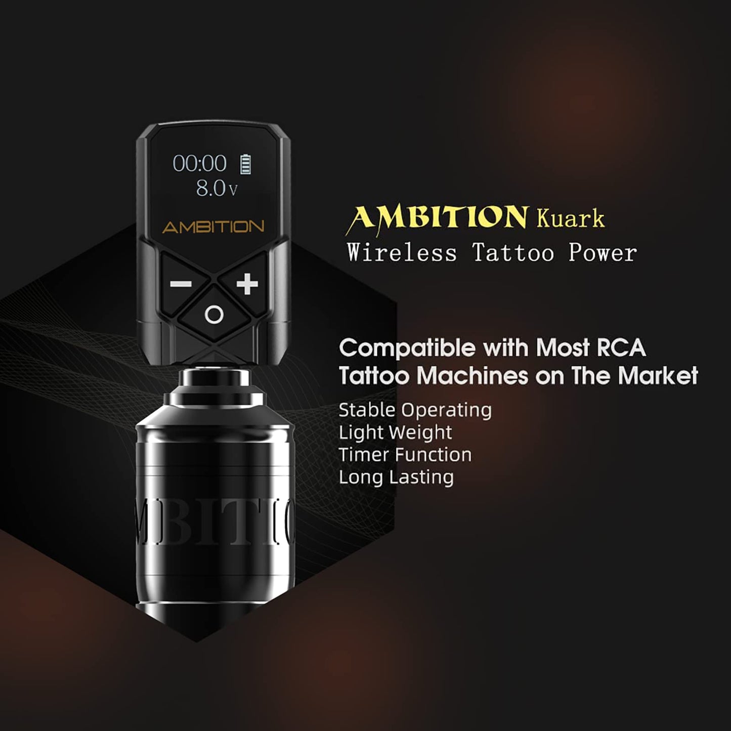 Tattoo Power Supply - Ambition Kuark Mini Wireless Portable RCA Tattoo 2400mAh Lithium Battery Pack with LED Digital Display for Rotary Tattoo Machine