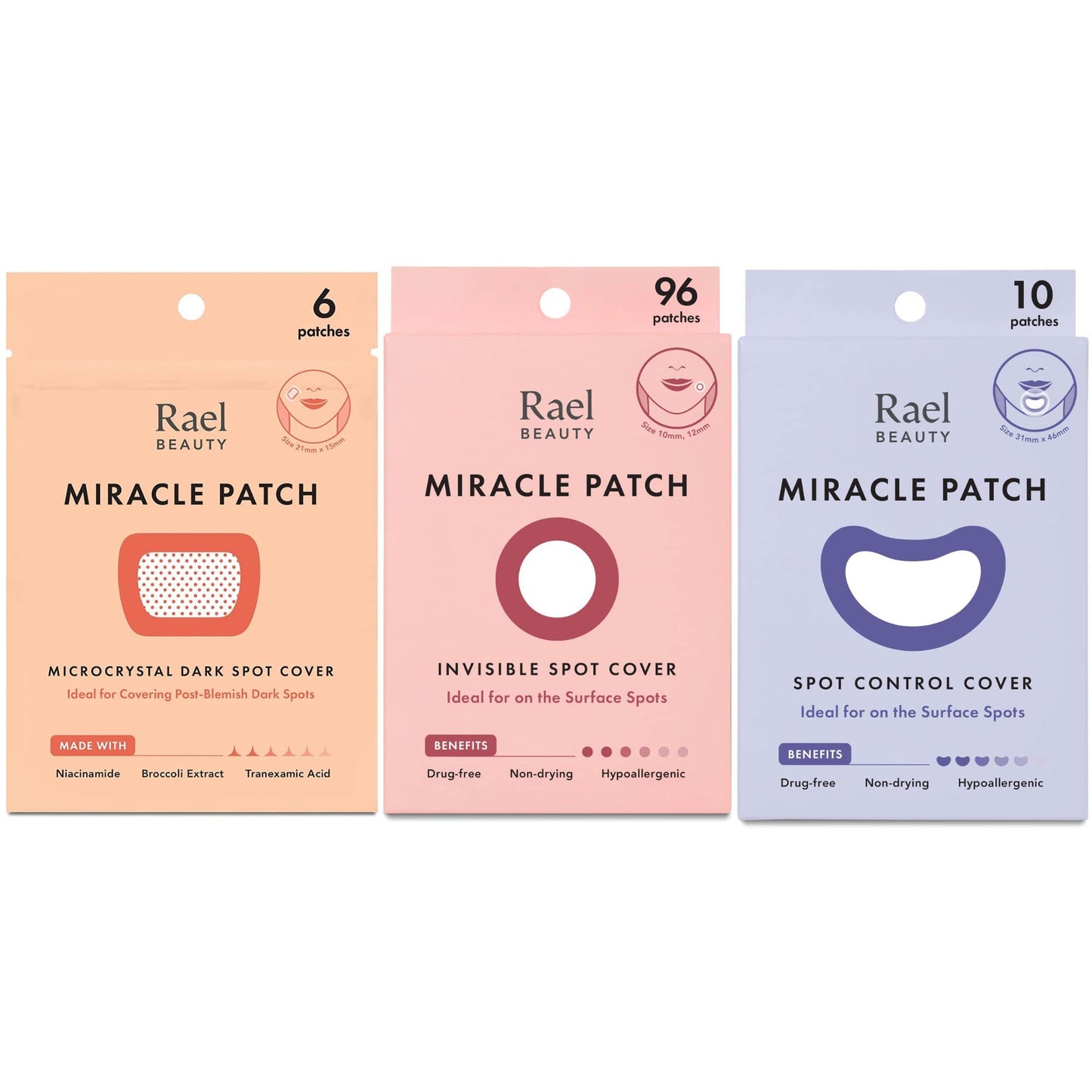 Rael Miracle Bundle - Microcrystal Dark Spot Cover (6 Count), Invisible Spot Cover (96 Count), Spot Control Cover (10 Count)