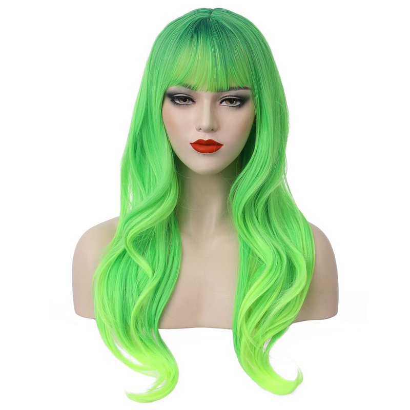 PATTNIUM Long Wavy Wig with Bangs Wig for Women Long Wig Cosplay Wig Heat Resistant Synthetic Wig (Lime Green)