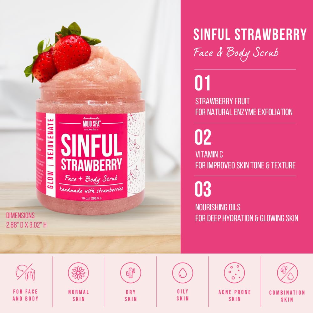 Mojo Spa Sinful Strawberry Superfood Face & Body Scrub | Strawberry Scent | Moisturizing Sugar Based Exfoliator | 10 oz
